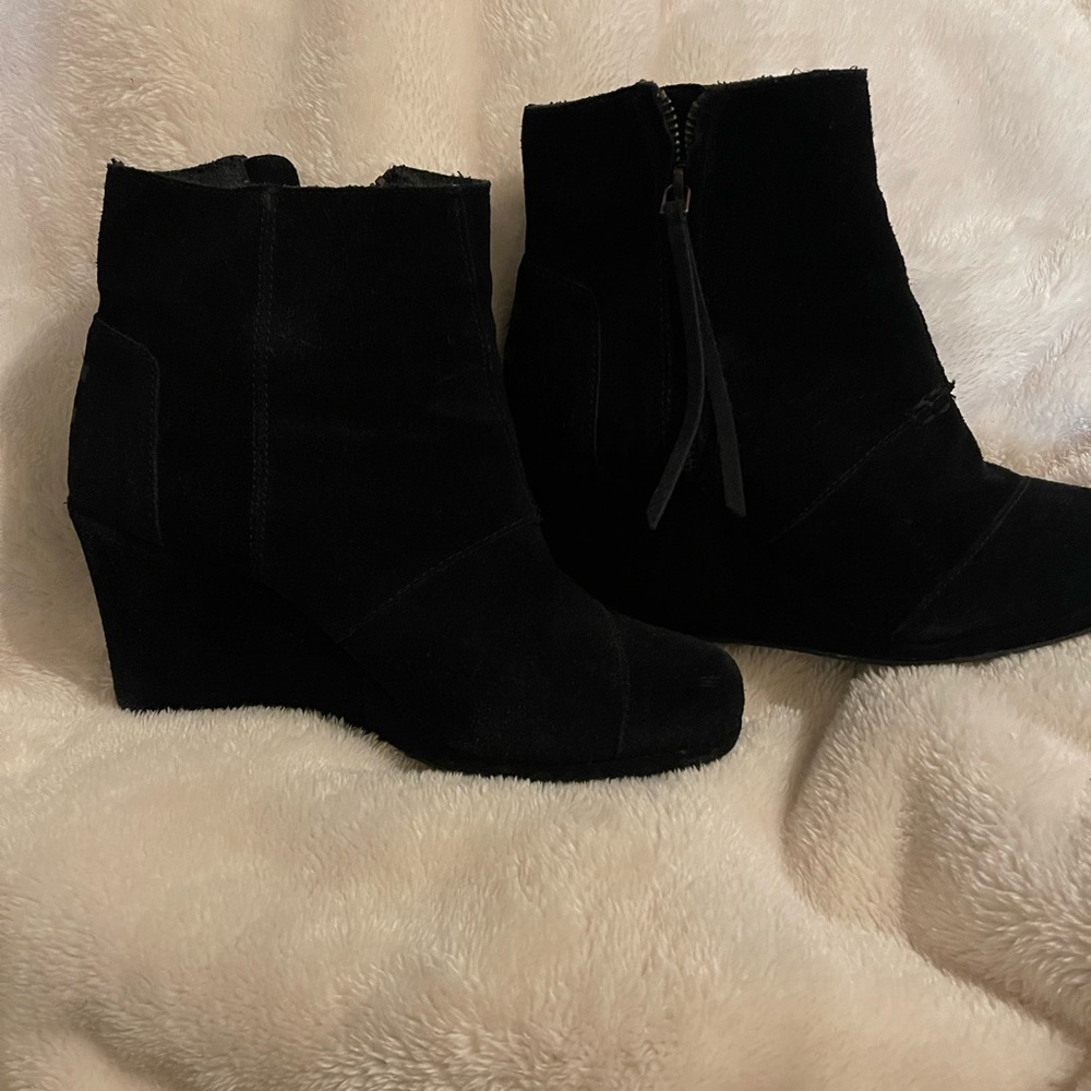 TOMS black suede ankle wedge boots